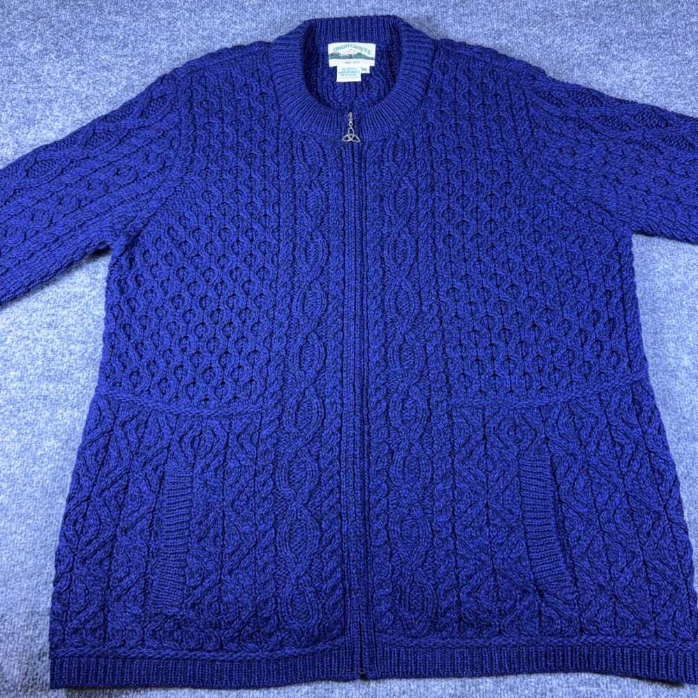 Aran Crafts Ireland Merino Wool Cable Knit Zip Cardigan Blue Celtic XXL